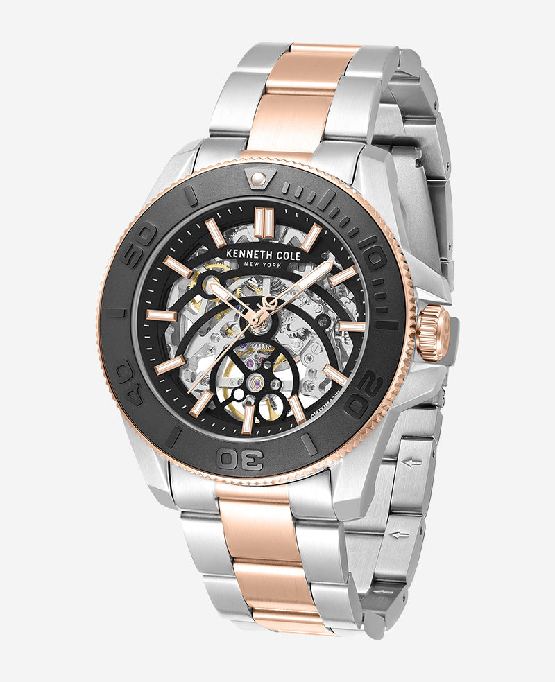 Skeleton Automatic Black Contrast Dial Two Tone Bracelet Watch