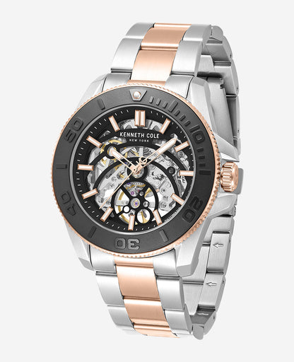 Skeleton Automatic Black Contrast Dial Two Tone Bracelet Watch