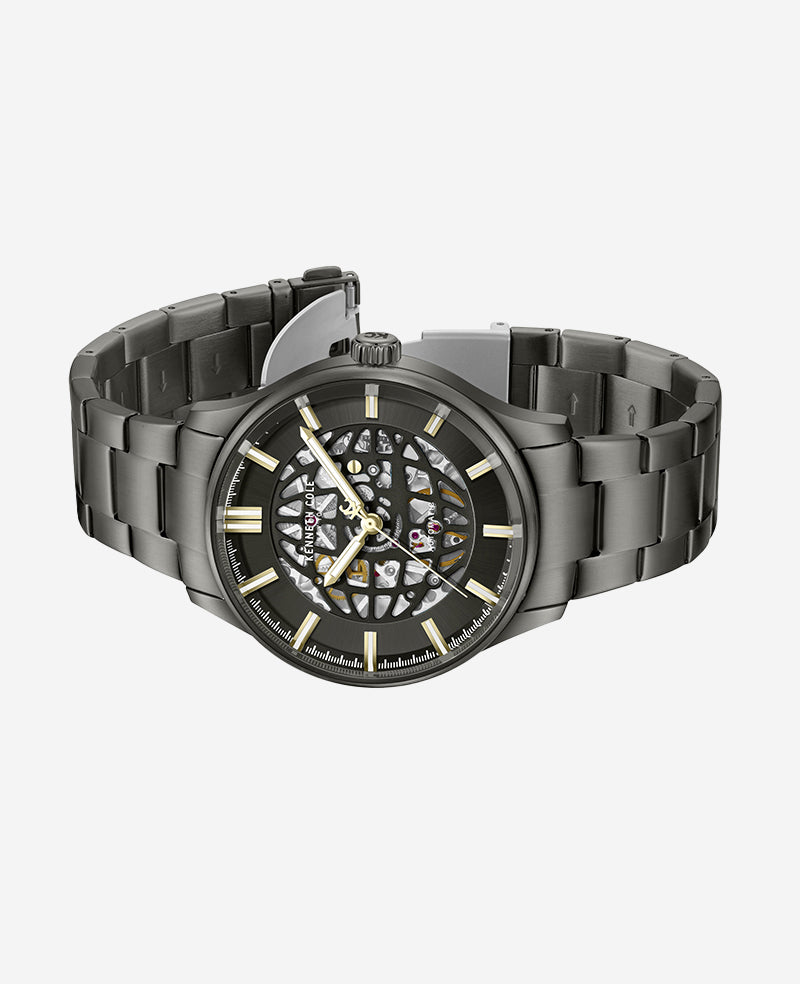Skeleton Automatic Gun Metal Bracelet Watch
