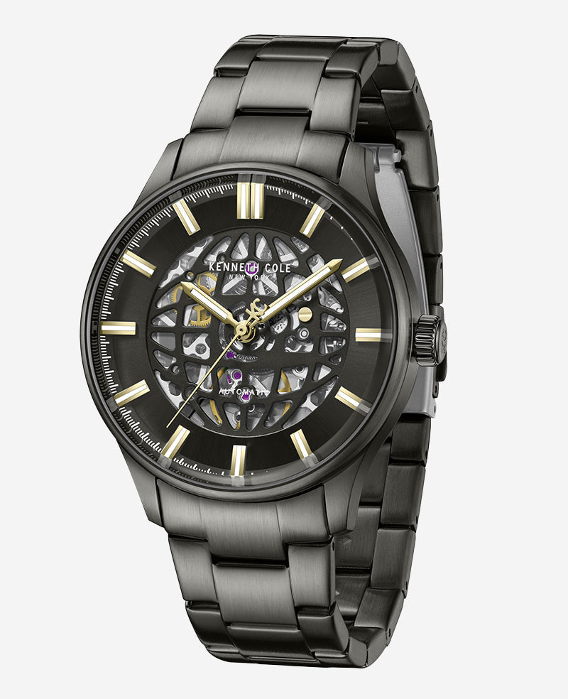 Skeleton Automatic Gun Metal Bracelet Watch