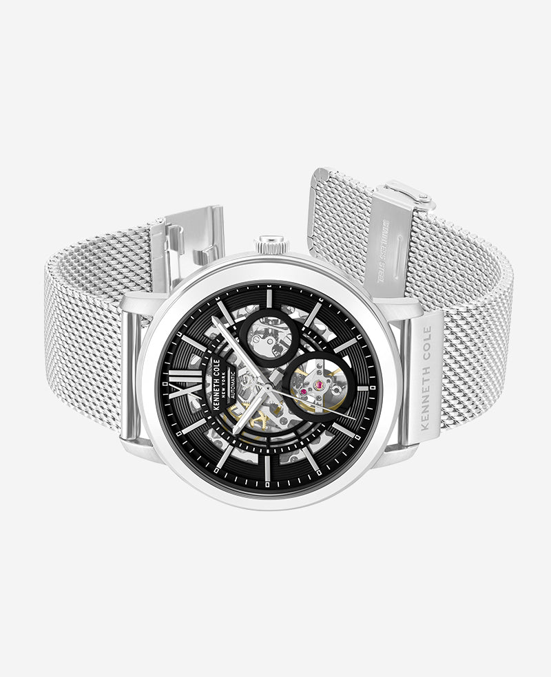 Skeleton Automatic Black Dial Stainless Steel Mesh Strap Watch