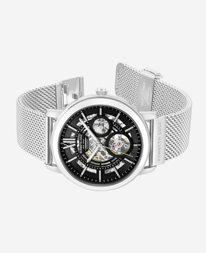 Skeleton Automatic Black Dial Stainless Steel Mesh Strap Watch