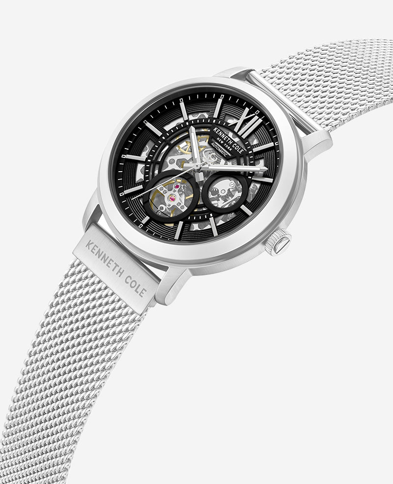 Skeleton Automatic Black Dial Stainless Steel Mesh Strap Watch