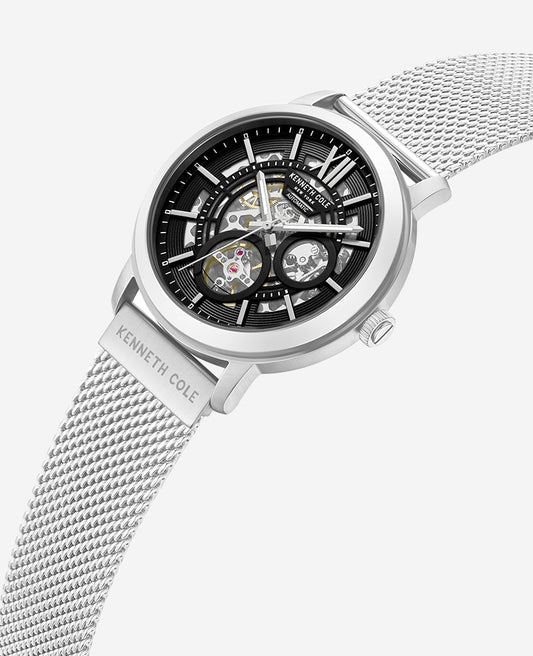 Skeleton Automatic Black Dial Stainless Steel Mesh Strap Watch