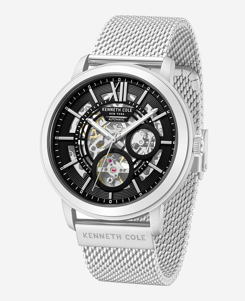 Skeleton Automatic Black Dial Stainless Steel Mesh Strap Watch