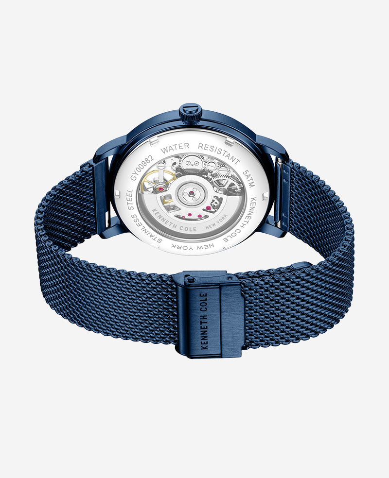 Skeleton Automatic Blue-IP Stainless Steel Mesh Strap Watch