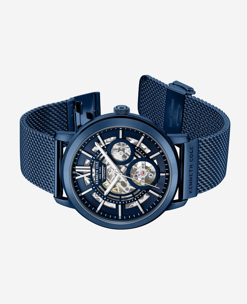 Skeleton Automatic Blue-IP Stainless Steel Mesh Strap Watch