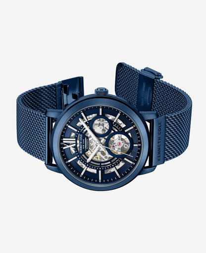 Skeleton Automatic Blue-IP Stainless Steel Mesh Strap Watch