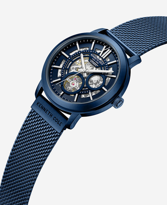 Skeleton Automatic Blue-IP Stainless Steel Mesh Strap Watch