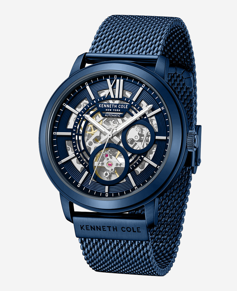 Skeleton Automatic Blue-IP Stainless Steel Mesh Strap Watch
