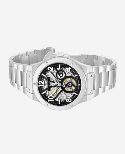 Skeleton Automatic Silver-IP Black Dial Stainless Steel Bracelet Watch