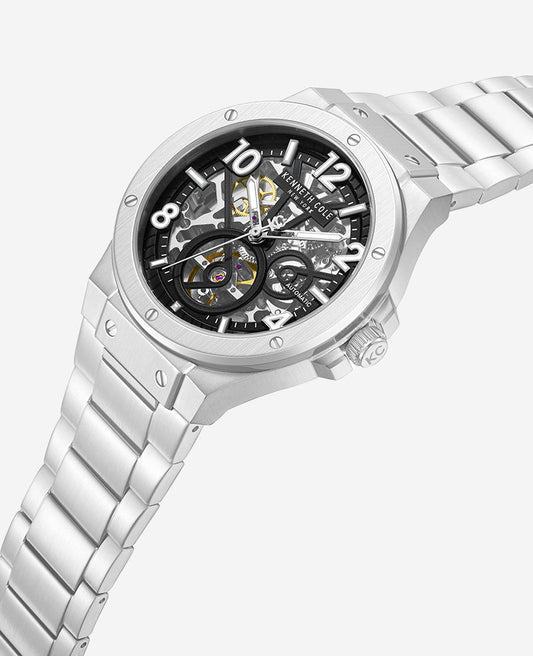 Skeleton Automatic Silver-IP Black Dial Stainless Steel Bracelet Watch