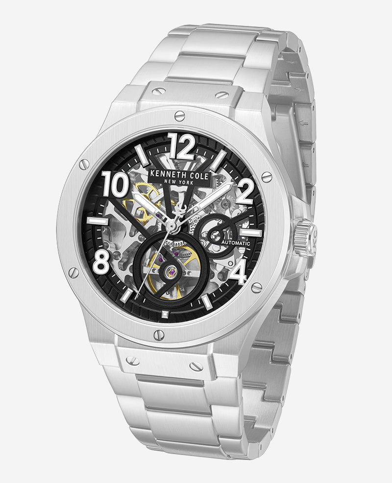 Skeleton Automatic Silver-IP Black Dial Stainless Steel Bracelet Watch