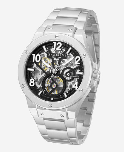 Skeleton Automatic Silver-IP Black Dial Stainless Steel Bracelet Watch