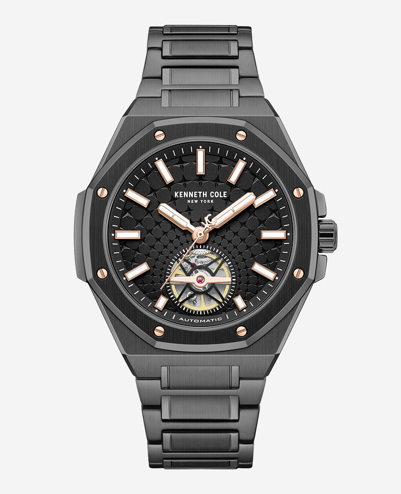 Skeleton Automatic Black Rose Gold Stainless Steel Bracelet Watch