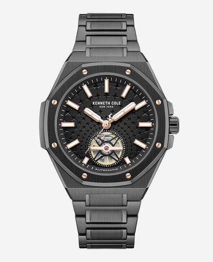 Skeleton Automatic Black Rose Gold Stainless Steel Bracelet Watch
