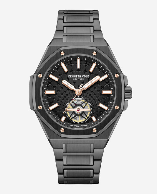 Skeleton Automatic Black Rose Gold Stainless Steel Bracelet Watch