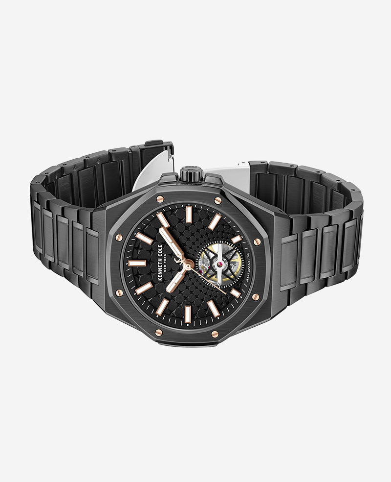 Skeleton Automatic Black Rose Gold Stainless Steel Bracelet Watch