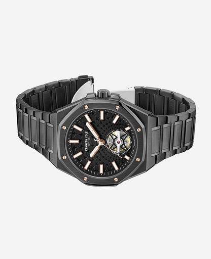 Skeleton Automatic Black Rose Gold Stainless Steel Bracelet Watch