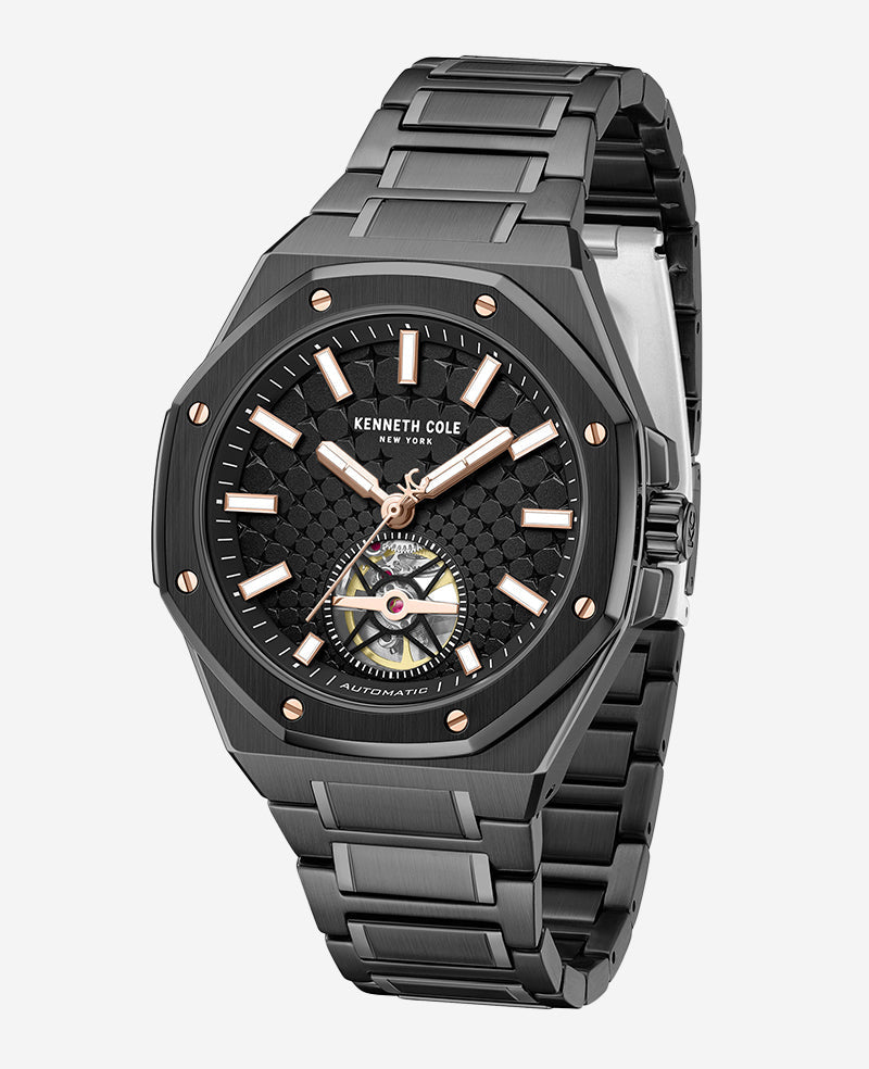 Skeleton Automatic Black Rose Gold Stainless Steel Bracelet Watch