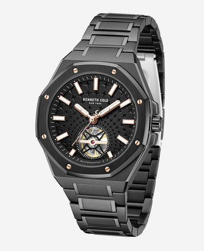 Skeleton Automatic Black Rose Gold Stainless Steel Bracelet Watch