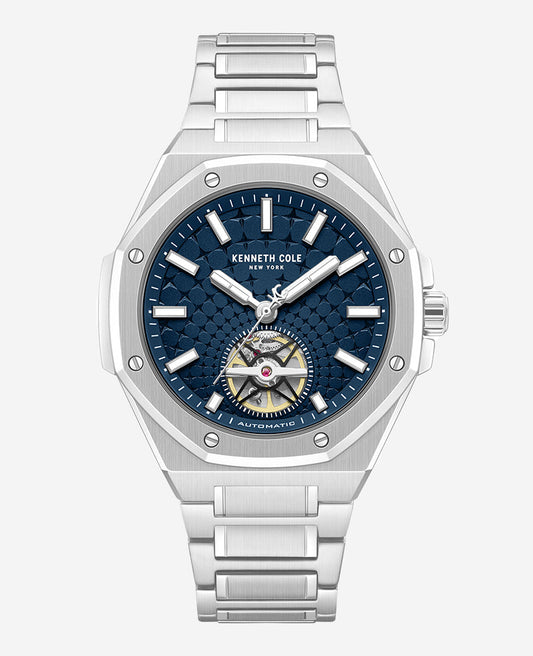 Skeleton Automatic Blue Dial Stainless Steel Bracelet Watch