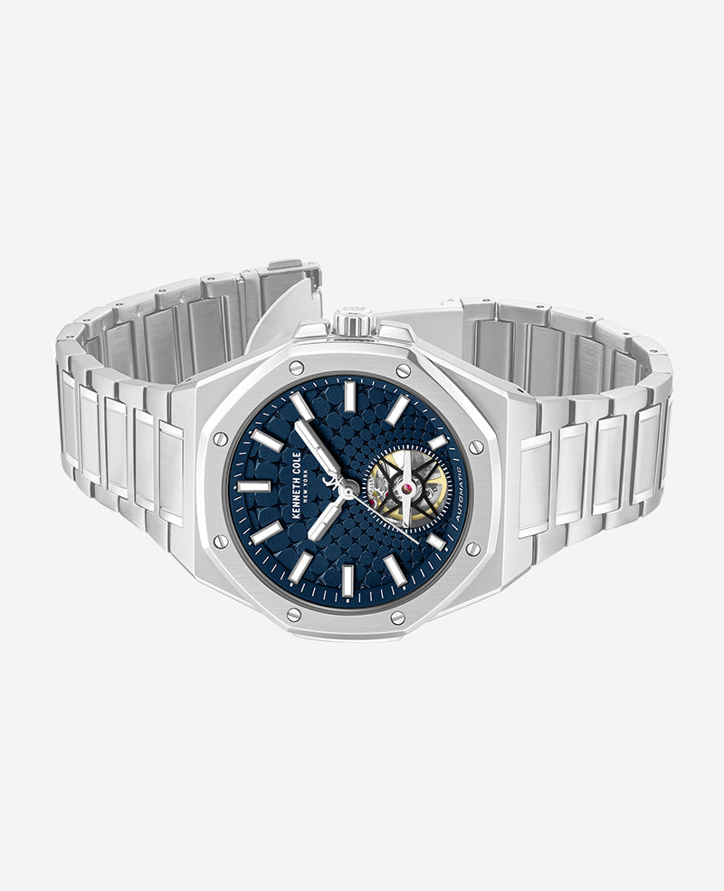 Skeleton Automatic Blue Dial Stainless Steel Bracelet Watch