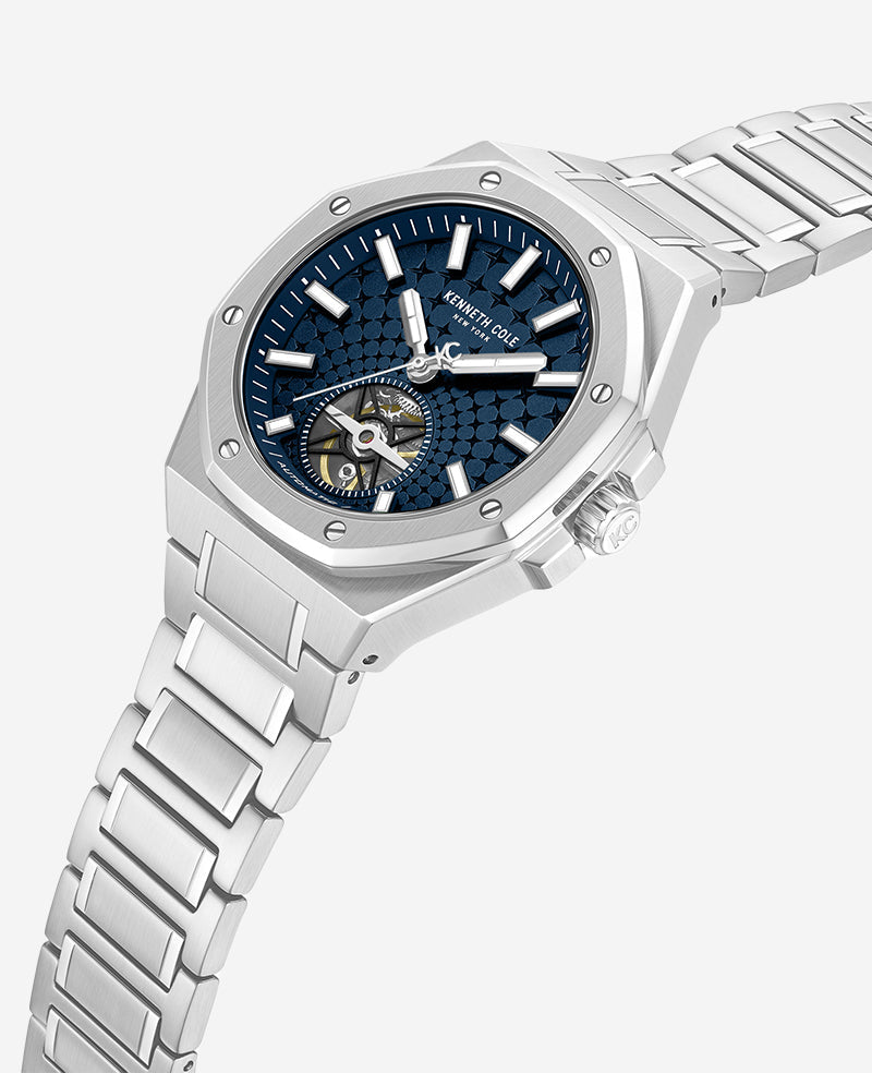 Skeleton Automatic Blue Dial Stainless Steel Bracelet Watch