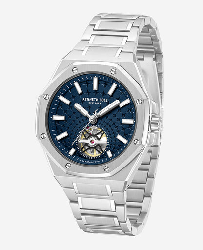 Skeleton Automatic Blue Dial Stainless Steel Bracelet Watch