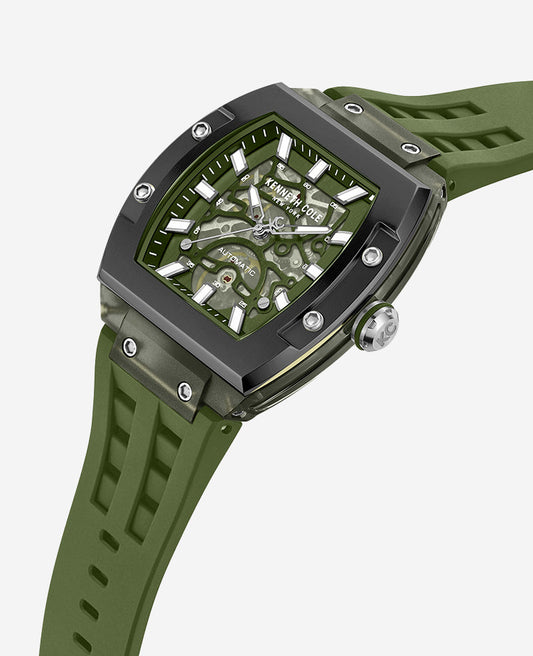 Skeleton Automatic Green Silicone Strap Watch