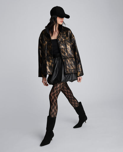 Animal Foiled Satin Lightweight Seamed Puffer Jacket