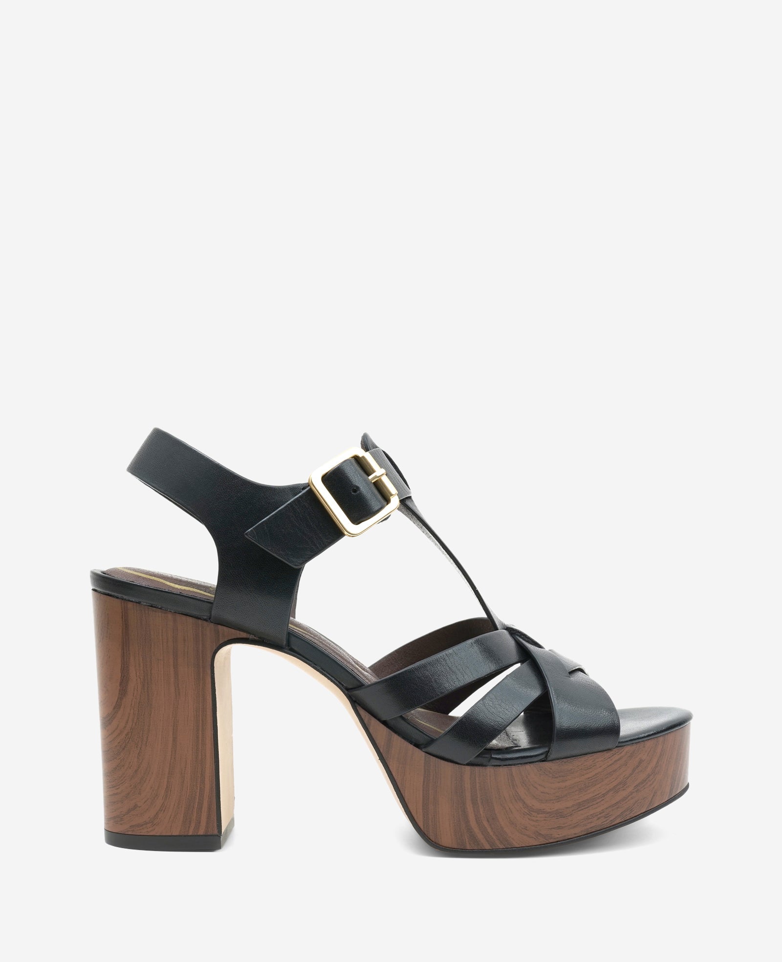 Lotus Woven Leather T-Strap Wood Platform Sandal