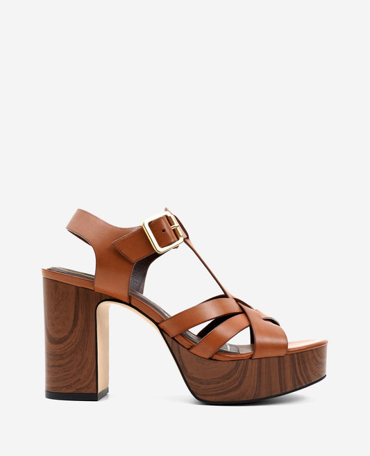 Lotus Woven Leather T-Strap Wood Platform Sandal