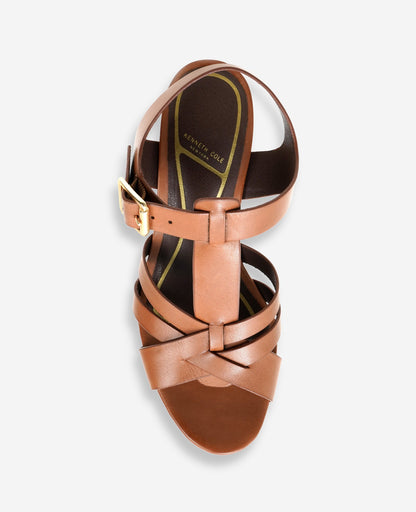 Lotus Woven Leather T-Strap Wood Platform Sandal