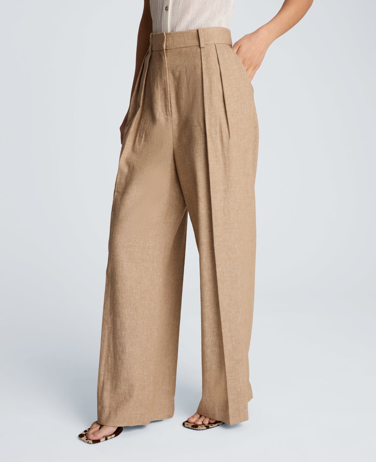 High Rise Fly Front Double Pleat Wide Leg Linen Blend Pant