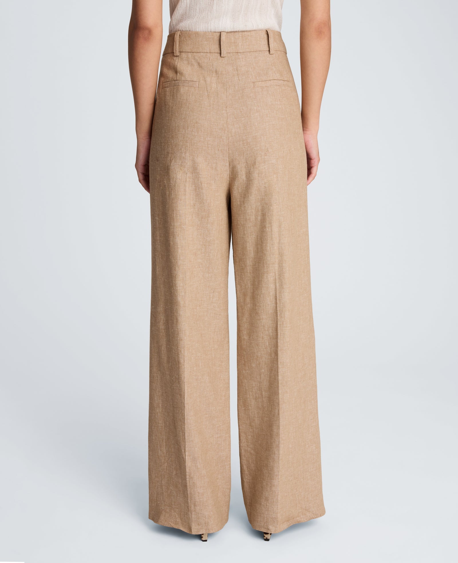 High Rise Fly Front Double Pleat Wide Leg Linen Blend Pant