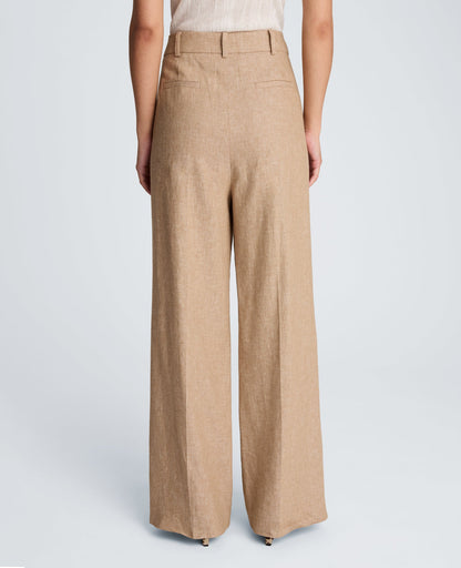 High Rise Fly Front Double Pleat Wide Leg Linen Blend Pant