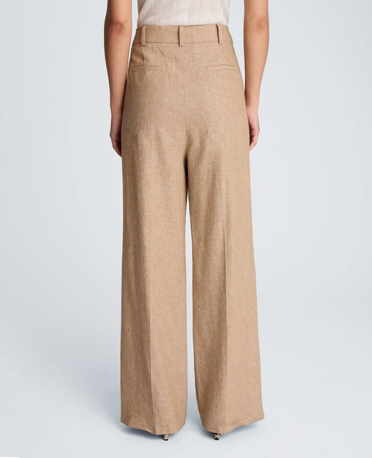 High Rise Fly Front Double Pleat Wide Leg Linen Blend Pant