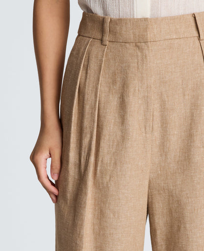 High Rise Fly Front Double Pleat Wide Leg Linen Blend Pant