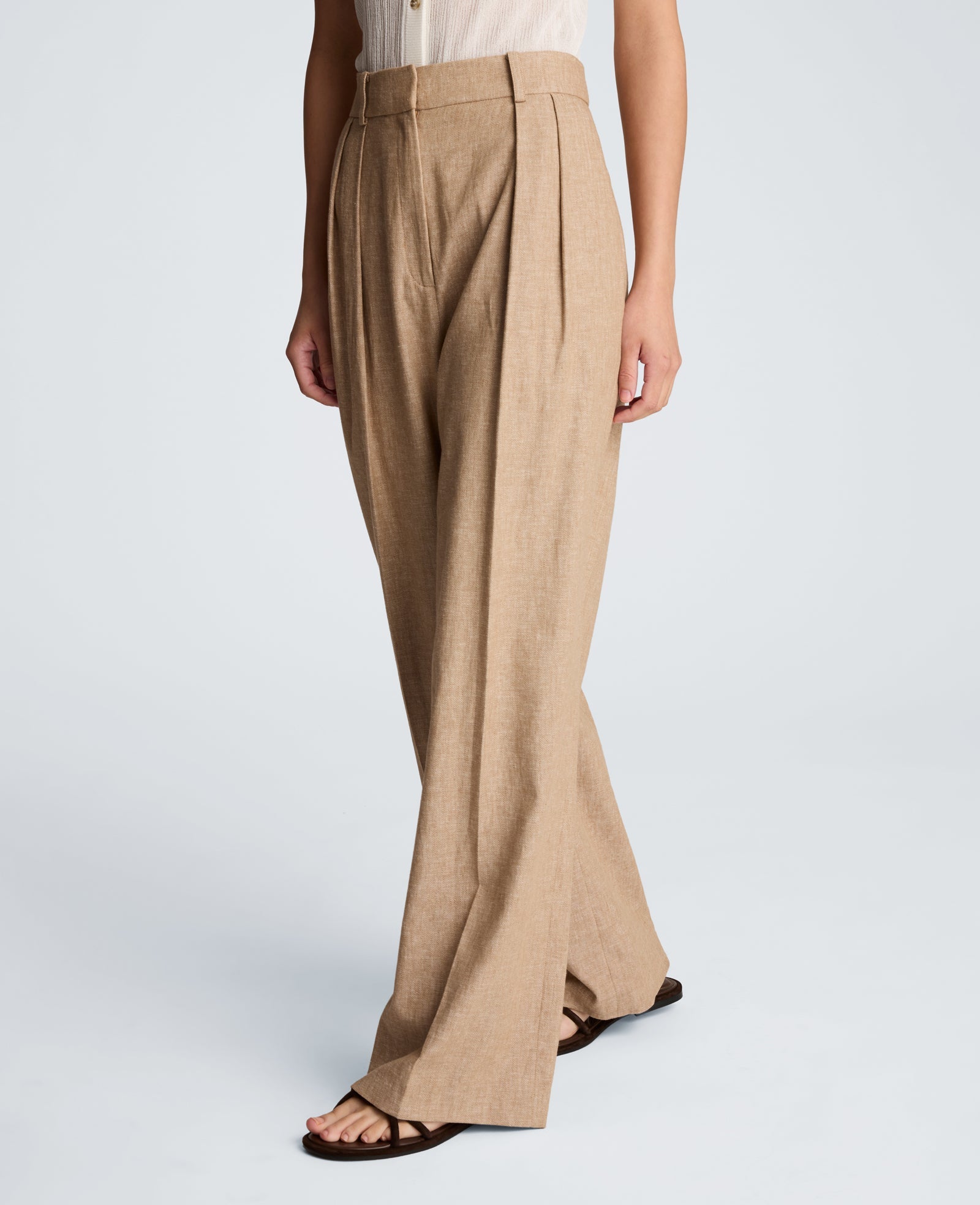 High Rise Fly Front Double Pleat Wide Leg Linen Blend Pant