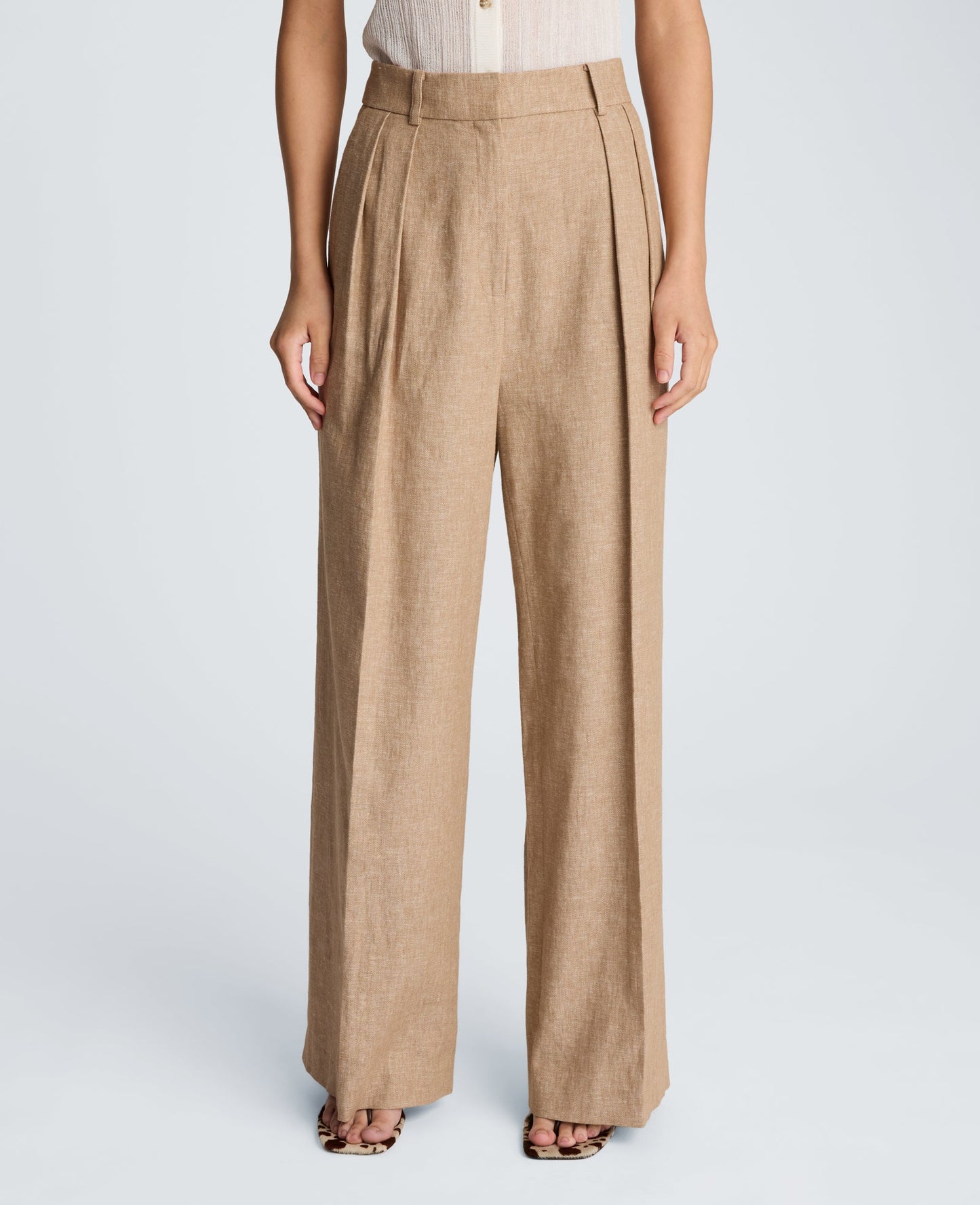 High Rise Fly Front Double Pleat Wide Leg Linen Blend Pant