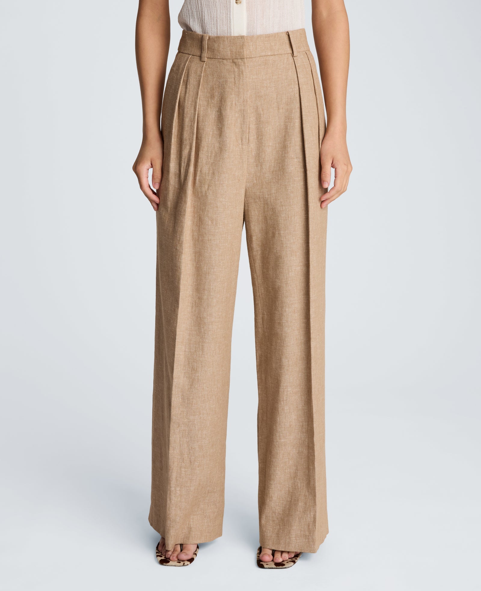 High Rise Fly Front Double Pleat Wide Leg Linen Blend Pant