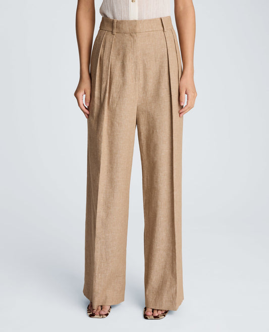 High Rise Fly Front Double Pleat Wide Leg Linen Blend Pant