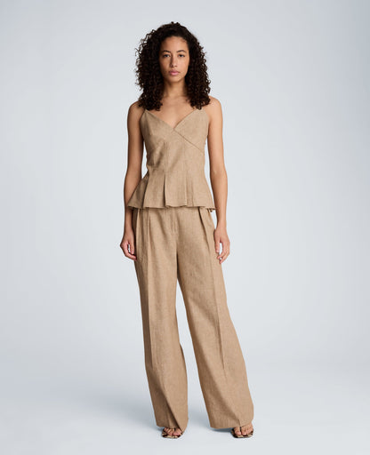 High Rise Fly Front Double Pleat Wide Leg Linen Blend Pant