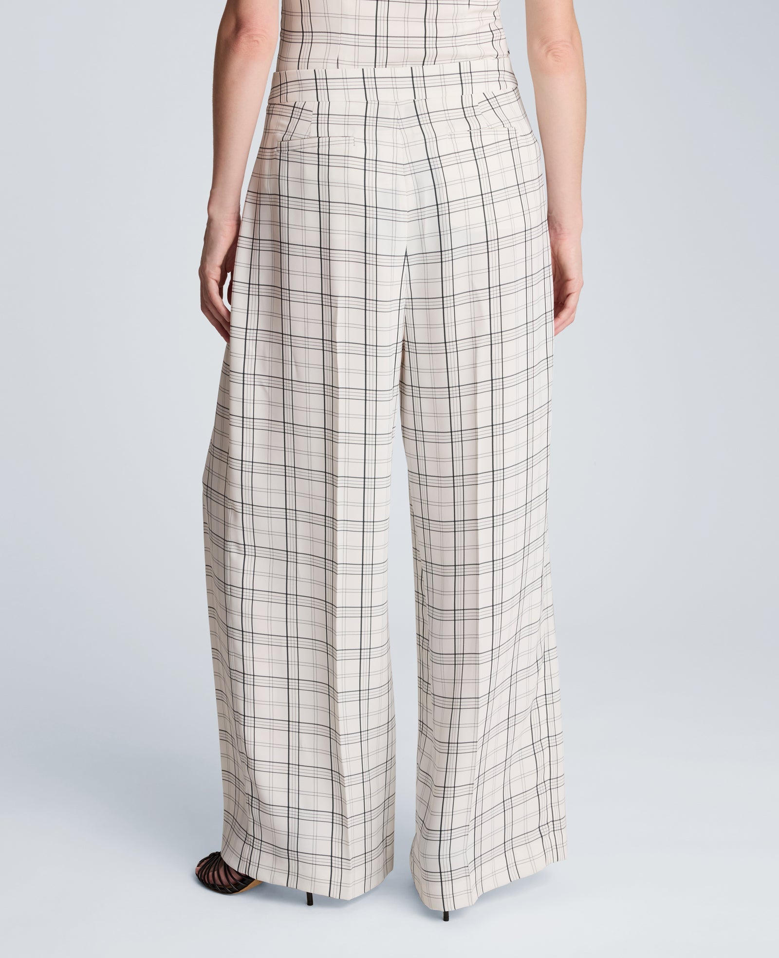 High Rise Fly Front Wide Leg Triple Pleat Lined Plaid Pant