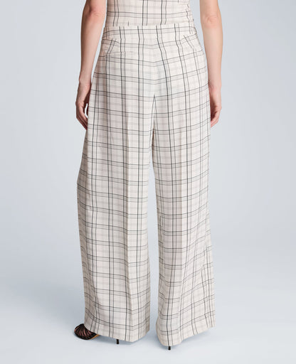 High Rise Fly Front Wide Leg Triple Pleat Lined Plaid Pant