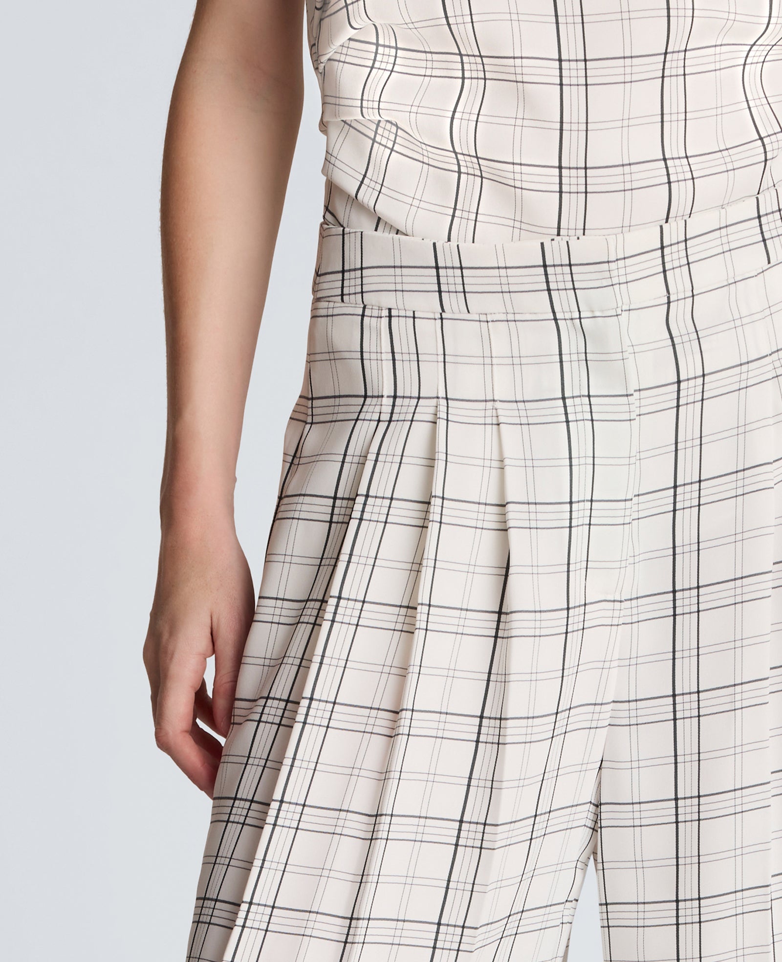 High Rise Fly Front Wide Leg Triple Pleat Lined Plaid Pant