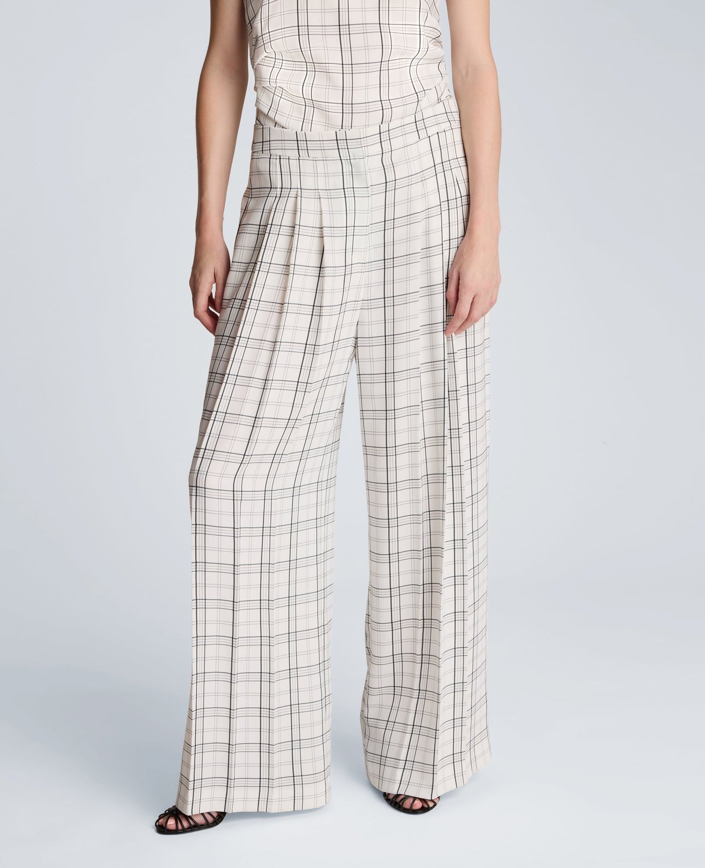 High Rise Fly Front Wide Leg Triple Pleat Lined Plaid Pant