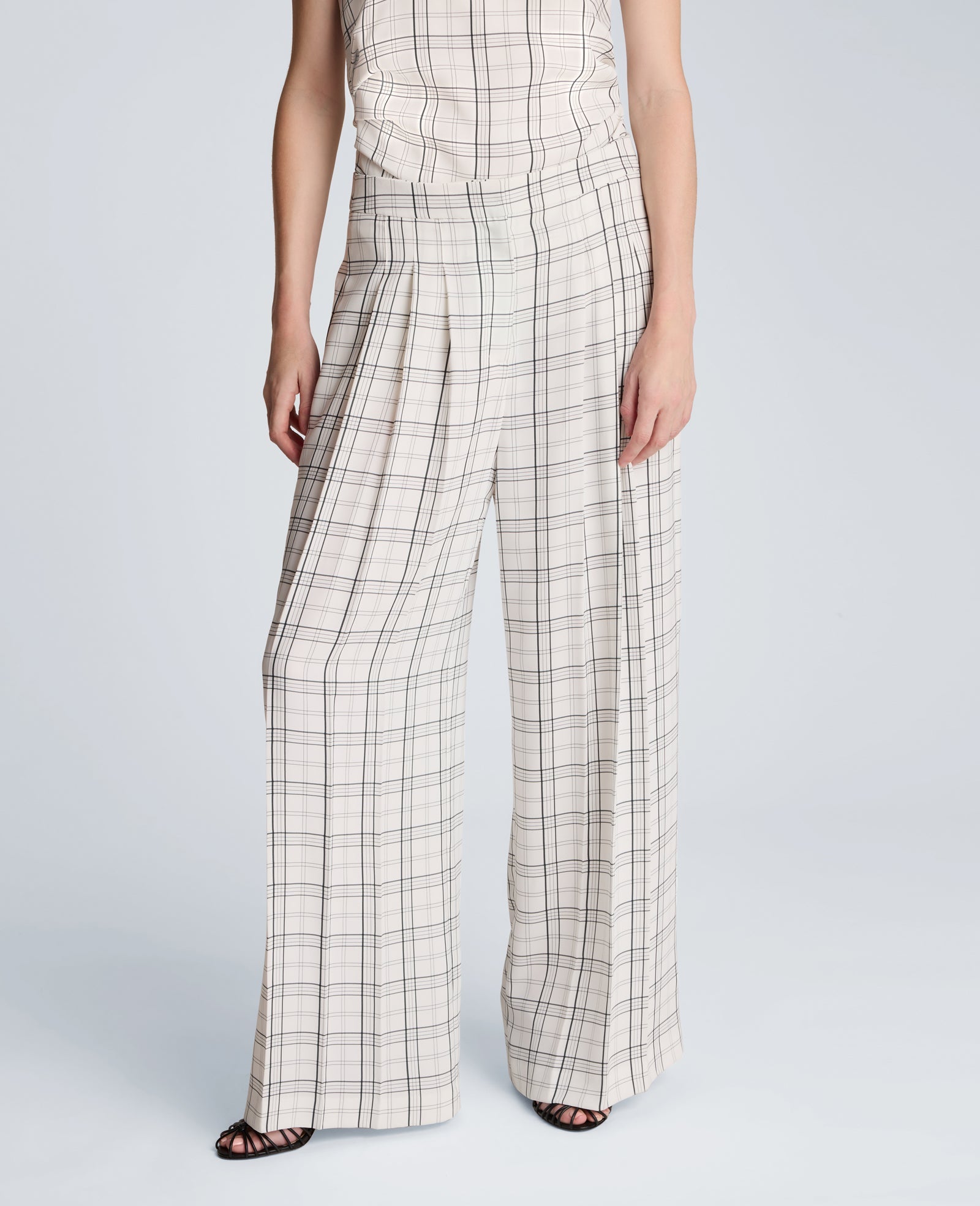 High Rise Fly Front Wide Leg Triple Pleat Lined Plaid Pant