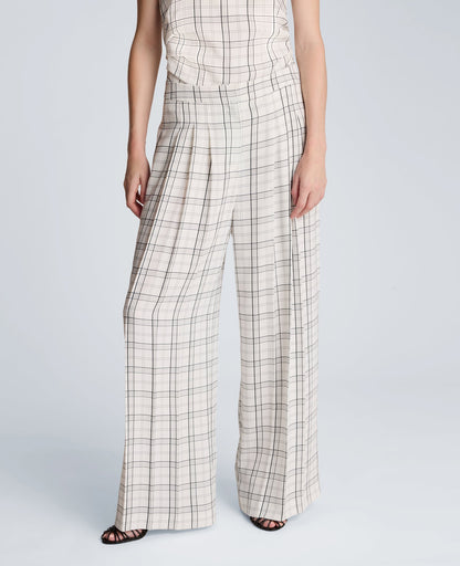 High Rise Fly Front Wide Leg Triple Pleat Lined Plaid Pant